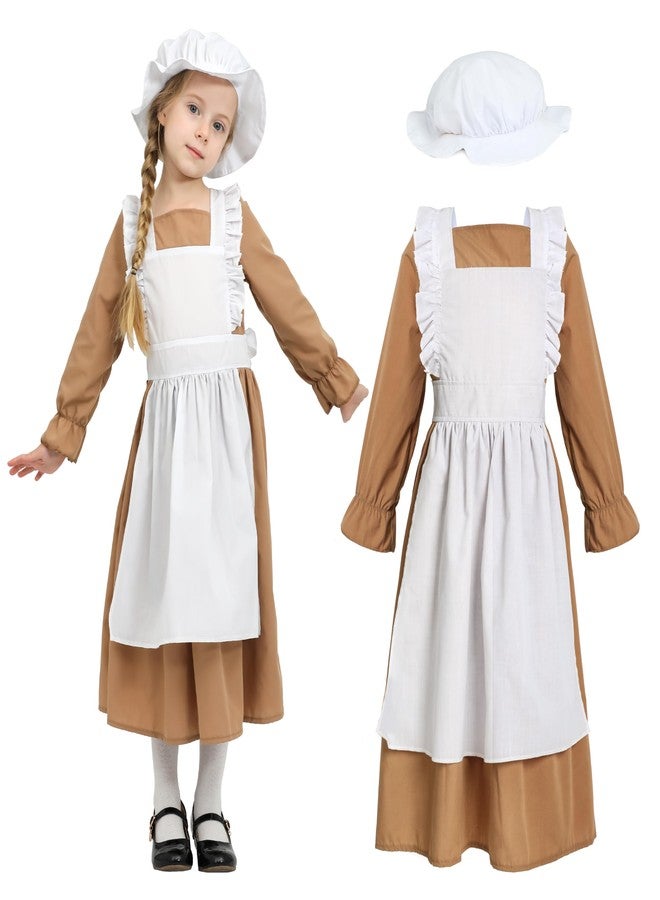Wizland Girls Colonial Pioneer Dress with Apron And Bonnet Brown 10-12 - Image 1